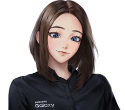 Rule 34 | 1girl, black shirt, blue eyes, brown hair, closed mouth, clothes writing, eyelashes, freckles, highres, korean commentary, lips, medium hair, mole, mole under eye, samsung, samsung sam, shirt, simple background, solo, tosil 080, upper body, white background