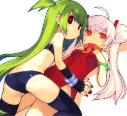Rule 34 | 2girls, ahoge, bachera, bare shoulders, bracelet, bright pupils, butt crack, dress, fingerless gloves, fingernails, gloves, green hair, hair ornament, jewelry, long hair, looking at viewer, looking back, lying, multiple girls, nail polish, on back, original, pink hair, red eyes, sidelocks, simple background, strapless, thighhighs, tube top, twintails, white background