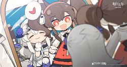 Rule 34 | 2girls, :d, alternate costume, angelina (arknights), animal ears, arknights, artist request, bibeak (arknights), black neckwear, bow, bowtie, brown hair, chibi, chinese commentary, clock, commentary request, copyright name, dress, dutch angle, extra ears, closed eyes, fox ears, gloves, grin, happy, heart, highres, indoors, long hair, mirror, multiple girls, official art, open mouth, red dress, red eyes, red hair, sewing machine, smile, spoken heart, stool, twintails, two-tone dress, wall clock, watermark, white dress, white gloves, white hair