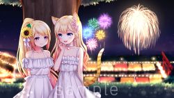 Rule 34 | 2girls, :d, aerial fireworks, animal ear fluff, animal ears, bare arms, bare shoulders, bell, blonde hair, blue eyes, blurry, blurry background, blush, cat ears, cat girl, cat tail, closed mouth, collar, collarbone, commentary request, copyright request, depth of field, dress, eye contact, fireworks, flower, hair flower, hair ornament, hand up, high ponytail, indie virtual youtuber, jingle bell, long hair, looking at another, multiple girls, neck bell, night, night sky, off-shoulder dress, off shoulder, omoomomo, open mouth, outdoors, pink flower, ponytail, red eyes, sample watermark, sky, sleeveless, sleeveless dress, smile, striped tail, summer festival, sunflower, sunflower hair ornament, swept bangs, tail, tail raised, torii, tree, very long hair, virtual youtuber, watermark, white collar, white dress, yellow flower