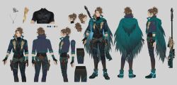 Rule 34 | 1boy, absurdres, black gloves, cape, character sheet, closed mouth, commentary, earrings, english commentary, fingerless gloves, full body, gloves, goldbullet, green cape, gun, high ponytail, highres, holostars, holostars english, holster, holstered, jacket, jewelry, kadeart, long hair, male focus, multicolored hair, necklace, official art, partially fingerless gloves, profile, standing, thigh holster, torn cape, torn clothes, virtual youtuber, weapon