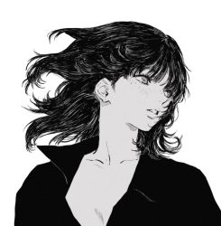 Rule 34 | 1girl, collarbone, commentary, english commentary, floating hair, freckles, greyscale, hair flaps, kgeroua, looking away, looking to the side, monochrome, original, parted lips, portrait, short hair, simple background, solo