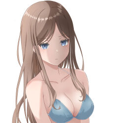 Rule 34 | 1girl, absurdres, bang dream!, bang dream! it&#039;s mygo!!!!!, bare shoulders, beniyomogi, bikini, blue bikini, blue eyes, breasts, brown hair, cleavage, closed mouth, collarbone, commentary request, halterneck, highres, long hair, looking at viewer, medium breasts, nagasaki soyo, parted bangs, sidelocks, simple background, solo, swimsuit, upper body, variant set, white background