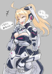 Rule 34 | 1girl, ahoge, armor, blonde hair, breasts, character request, cleavage, cleavage cutout, closed eyes, clothing cutout, laughing, medium breasts, original, partially translated, phantasy star, phantasy star online 2, power armor, robot ears, short hair, solo, sowel (sk3), tears, translation request