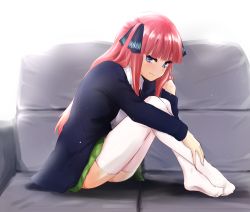 Rule 34 | 1girl, aoyama kiiro, ass, black cardigan, black ribbon, blue eyes, blunt bangs, blush, butterfly hair ornament, cardigan, couch, feet, go-toubun no hanayome, hair ornament, hime cut, hugging own legs, knees to chest, knees up, long hair, looking at viewer, nakano nino, open cardigan, open clothes, pink hair, ribbon, shirt, sitting, smile, soles, thick thighs, thighhighs, thighs, twintails, white shirt, white thighhighs