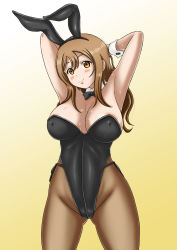 Rule 34 | 1girl, animal ears, artist name, artist request, bare shoulders, black bow, black leotard, blush, bow, bowtie, breasts, brown eyes, brown hair, brown pantyhose, cleavage, collarbone, fake animal ears, female focus, hair between eyes, hair over shoulder, highres, kunikida hanamaru, leotard, light brown hair, long hair, looking at viewer, love live!, love live! sunshine!!, medium breasts, outstretched arms, pantyhose, parted lips, playboy bunny, rabbit ears, smile, solo, white wrist cuffs, wing collar, wrist cuffs, yellow eyes