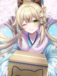 Rule 34 | 1girl, :3, ahoge, animal ears, aqua kimono, bell, box, cat ears, cherry blossoms, closed mouth, genshin impact, green eyes, gumi (framboise 5204), hair bell, hair ornament, highres, holding, holding box, japanese clothes, kimono, kirara (genshin impact), kirara (post office) (genshin impact), long hair, long sleeves, looking at viewer, one eye closed, smile, tail