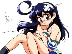 Rule 34 | 1990s (style), 1girl, ahoge, bandages, black hair, breasts, choroli (chorolin), hairband, kantai collection, large breasts, long hair, looking at viewer, parody, retro artstyle, school uniform, serafuku, signature, simple background, sitting, solo, style parody, tearing up, tears, torn clothes, ushio (kancolle), white background, white hairband
