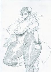Rule 34 | 1girl, bonten, breasts, bun cover, capcom, china dress, chinese clothes, chun-li, double bun, dress, covered erect nipples, female focus, highres, huge breasts, monochrome, pantyhose, pelvic curtain, scan, short hair, solo, street fighter, thick thighs, thighs, traditional media, wide hips