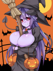 Rule 34 | 1girl, arunira, bat (animal), between breasts, black sclera, breasts, brll, broom, bursting breasts, choker, cleavage, colored sclera, colored skin, crossed arms, demon girl, demon horns, demon tail, halloween, hat, horns, huge breasts, jack-o&#039;-lantern, long hair, looking at viewer, original, pointy ears, pumpkin, purple hair, purple skin, purple skirt, raised eyebrow, red eyes, sexually suggestive, skirt, smile, solo, standing, tail, witch hat