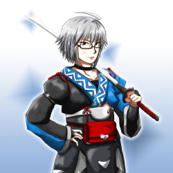 Rule 34 | 1boy, ahoge, arm belt, bag, bridal gauntlets, choker, glasses, glint, gradient background, hand on own hip, hato (grazie a domani 7), japanese clothes, long sleeves, looking at viewer, male focus, morichika rinnosuke, parted lips, red eyes, satchel, semi-rimless eyewear, short hair, silver hair, solo, sword, touhou, under-rim eyewear, weapon