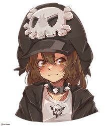 Rule 34 | 1girl, absurdres, black hat, black jacket, brown eyes, brown hair, closed mouth, collar, guilty gear, hat, highres, jacket, long hair, may (guilty gear), mil17459623, peaked cap, shirt, skull and crossbones, skull print, solo, spiked collar, spikes, white shirt