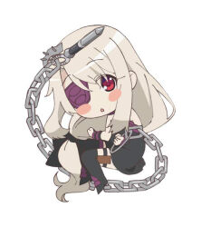 Rule 34 | 1girl, black footwear, black thighhighs, blonde hair, blush, blush stickers, boots, chain, chibi, commentary request, detached sleeves, eyepatch, fate/kaleid liner prisma illya, fate (series), full body, hair between eyes, illyasviel von einzbern, long hair, looking at viewer, magical girl, one eye covered, open mouth, red eyes, simple background, solo, thigh strap, thighhighs, very long hair, weapon, white background