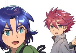 2boys backpack bag blue_eyes blue_hair coat dolustoy green_jacket grey_coat grey_hair highres ichihoshi_hikaru inazuma_eleven_(series) inazuma_eleven_ares_no_tenbin jacket looking_at_viewer male_focus multiple_boys nosaka_yuuma open_mouth red_hair simple_background strap two-tone_eyes white_background