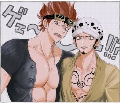 Rule 34 | 2boys, abs, black hair, chest tattoo, clenched teeth, commentary request, earrings, eustass kid, facial hair, goatee, goggles, goggles on head, hat, highres, jewelry, looking at viewer, male focus, multiple boys, muscular, muscular male, one piece, pectorals, piratesebine, red eyes, red hair, red lips, scar, scar on face, shirt, short hair, sweatdrop, tattoo, teeth, trafalgar law, v-shaped eyebrows, yellow eyes, yellow shirt