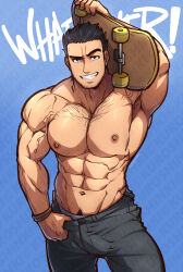 Rule 34 | 1boy, abs, absurdres, bara, black hair, black pants, blue background, chest hair, english text, facial hair, highres, holding, holding skateboard, kuroshinki, large pectorals, looking at viewer, lucas lee, male focus, muscular, muscular male, navel, nipples, pants, pectorals, scott pilgrim (series), scott pilgrim takes off, short hair, skateboard, smile, solo, teeth, topless male