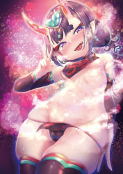 Rule 34 | 1girl, breasts, cowboy shot, fangs, fate/grand order, fate (series), female focus, from below, heart, heart-shaped pupils, horns, jewelry, looking at viewer, looking down, navel, open mouth, pointy ears, purple eyes, purple hair, shinovi, shuten douji (fate), skin-covered horns, small breasts, solo, symbol-shaped pupils, v