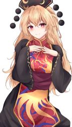 Rule 34 | 1girl, absurdres, blonde hair, blush, chinese clothes, dress, highres, junko (touhou), long dress, long hair, messy hair, orchid (orukido), own hands together, phoenix crown, red tabard, simple background, smile, solo, tabard, tassel, touhou, very long hair, white background, wide sleeves