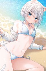 Rule 34 | 1girl, :&lt;, animal ear fluff, animal ears, arm support, bare shoulders, bikini, blue bikini, blue eyes, blush, breasts, cat ears, cat girl, cat tail, closed mouth, collarbone, commentary request, day, grey jacket, halterneck, highres, jacket, long sleeves, lying, mafuyu (chibi21), navel, off shoulder, on ground, on side, open clothes, open jacket, original, outdoors, sand, short hair, side-tie bikini bottom, silver hair, small breasts, solo, stomach, string bikini, swimsuit, tail, untied bikini, water
