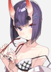 Rule 34 | 1girl, bare shoulders, blouse, blush, bob cut, breasts, collarbone, collared shirt, eyeliner, fate/grand order, fate (series), holding, holding removed eyewear, horns, kanzarin, looking at viewer, makeup, oni, open clothes, open shirt, petite, purple eyes, purple hair, shirt, short eyebrows, short hair, shuten douji (fate), simple background, skin-covered horns, small breasts, solo, unworn eyewear, white background, white shirt