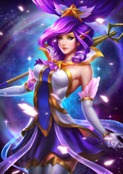 Rule 34 | 1girl, blue eyes, breasts, detached collar, elbow gloves, floating hair, gloves, hair ornament, highres, janna (league of legends), large breasts, league of legends, long hair, magical girl, nebula, official alternate costume, pointy ears, purple hair, ribbon, skirt, solo, staff, star (symbol), star guardian (league of legends), star guardian janna, star hair ornament, tdark135, thighhighs