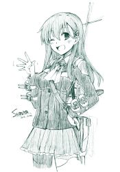 Rule 34 | 10s, 1girl, ;d, blush, breasts, character name, dated, fujii jun, green theme, hair ornament, hairclip, hand on own hip, kantai collection, long hair, looking at viewer, monochrome, one eye closed, open mouth, personification, school uniform, skirt, smile, solo, suzuya (kancolle), thighhighs, waving, wink