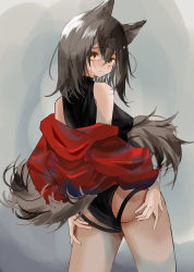 Rule 34 | 1girl, absurdres, animal ears, arknights, ass, bare shoulders, black one-piece swimsuit, blush, breasts, clothing cutout, cowboy shot, enne kl, from behind, frown, grey background, grey hair, highres, jacket, long hair, long sleeves, looking at viewer, looking back, medium breasts, off shoulder, official alternate costume, one-piece swimsuit, open clothes, open jacket, projekt red (arknights), projekt red (light breeze) (arknights), red jacket, simple background, solo, swimsuit, tail, tail through clothes, wolf ears, wolf girl, wolf tail, yellow eyes