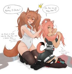 Rule 34 | 2girls, angelina (arknights), animal ears, arknights, barcode, barcode tattoo, brown hair, cosplay, costume switch, dokonjou (odossan), embarrassed, english text, gravel (arknights), leotard, multiple girls, pink hair, speech bubble, tail, tattoo, twintails, white leotard