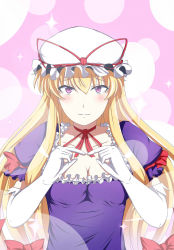 Rule 34 | 1girl, armband, blonde hair, blush, bow, breasts, choker, circle, cleavage, collarbone, dress, elbow gloves, fingers together, frilled dress, frills, gloves, hair bow, hat, hat ribbon, highres, index fingers together, kyoukyan, large breasts, long hair, looking at viewer, mob cap, patterned background, puffy short sleeves, puffy sleeves, purple eyes, ribbon, ribbon choker, shiny skin, short sleeves, smile, solo, sparkle, teeth, touhou, upper body, yakumo yukari