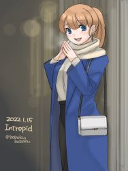 Rule 34 | 1girl, bag, black skirt, blue coat, blue eyes, bobokuboboku, breath, brown hair, character name, coat, commentary request, cowboy shot, dated, handbag, intrepid (kancolle), kantai collection, looking at viewer, official alternate costume, one-hour drawing challenge, ponytail, scarf, short hair, skirt, solo, sweater, twitter username, white scarf, white sweater