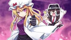 Rule 34 | 2girls, ^^^, black gloves, black skirt, blonde hair, bow, breasts, brown hair, coat, commentary request, crying, crying with eyes open, fedora, gloves, hair bow, hat, hat bow, jewelry, killer queen, koissa, long hair, long sleeves, looking at viewer, maribel hearn, medium breasts, mob cap, multiple girls, necktie, o o, open mouth, parody, parted lips, pendant, purple shirt, reaching, reaching towards viewer, red bow, red neckwear, shirt, short hair, sidelocks, skirt, tears, touhou, usami renko, white bow, white coat, white shirt, wide sleeves