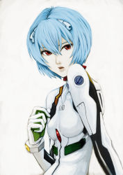 Rule 34 | 1girl, absurdres, ayanami rei, blue hair, highres, interface headset, looking at viewer, neon genesis evangelion, oma18, plugsuit, red eyes, simple background, solo, white background