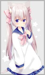 Rule 34 | 1girl, animal ear fluff, animal ears, blue sailor collar, blush, bow, cat ears, cat girl, cat tail, closed mouth, commentary request, dress, frilled dress, frills, grey background, grey hair, hair between eyes, hair ribbon, hand up, highres, long hair, long sleeves, looking at viewer, nakkar, original, pink bow, pink ribbon, puffy long sleeves, puffy sleeves, purple eyes, ribbon, sailor collar, sailor dress, sleeves past wrists, solo, star (symbol), starry background, tail, twintails, twitter username, very long hair