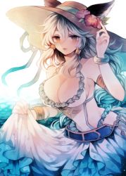 Rule 34 | 1girl, animal ears, bad id, bad pixiv id, bracelet, breasts, cat ears, cleavage, commentary request, ears through headwear, erune, flower, granblue fantasy, hair tubes, hat, hat flower, heles, heles (summer) (granblue fantasy), highres, jewelry, large breasts, long hair, looking at viewer, namakuby, one-piece swimsuit, sarong, solo, sun hat, swimsuit, very long hair, white hair, white one-piece swimsuit, yellow eyes
