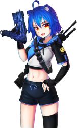Rule 34 | 1girl, alternator, animal ear fluff, animal ears, apex legends, black hoodie, black thighhighs, blue hoodie, brown eyes, cat ears, commentary, cowlick, d-101 longbow, english commentary, fingerless gloves, gloves, gun, hand on own hip, highres, holding, holding gun, holding weapon, hood, hoodie, kishinco, looking at viewer, mana renewal, midriff, navel, rifle, short shorts, shorts, simple background, single thighhigh, skindentation, smile, sniper rifle, solo, submachine gun, thighhighs, thighs, two-tone hoodie, virtual youtuber, weapon, weapon on back, weplanet, white background