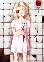 Rule 34 | 1girl, bandages, bleeding, blonde hair, blood, blood bag, blue eyes, blunt bangs, child, dress, eyepatch, facing viewer, feet out of frame, female focus, flower, indoors, injury, intravenous drip, lily (flower), long hair, looking at viewer, medical, medical eyepatch, menstruation, messiah cage, short dress, short sleeves, solo, standing, tile wall, tiles