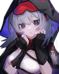 Rule 34 | 1girl, absurdres, arknights, black cloak, black gloves, breasts, cloak, commentary request, fingerless gloves, gloves, goggles, goggles on head, grey hair, hair between eyes, hands up, highres, hood, hood up, hooded cloak, looking at viewer, medium breasts, mulberry (arknights), parted lips, purple eyes, shirt, simple background, solo, upper body, white background, white shirt, worimehl