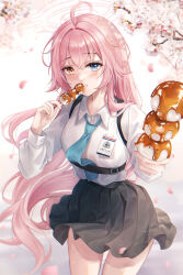 Rule 34 | 1girl, absurdres, ahoge, blue archive, blue necktie, blurry, cherry blossoms, collared shirt, commentary request, dango, depth of field, dual wielding, eating, falling petals, food, giving, hair between eyes, halo, heterochromia, highres, holding, holding skewer, hoshino (blue archive), id card, long hair, long sleeves, looking at viewer, necktie, petals, pink hair, pippin (pippin sol), plaid, plaid skirt, pleated skirt, school uniform, shirt, shoulder strap, sidelocks, skewer, skirt, solo, tree, wagashi
