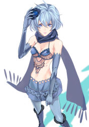 Rule 34 | 1girl, arm up, bad id, bad pixiv id, bare shoulders, bikini, bikini top only, blue eyes, blue flower, blue gloves, blue hair, blue pantyhose, blue rose, boots, breasts, cleavage, drag-on dragoon, drag-on dragoon 3, elbow gloves, expressionless, flower, gloves, hair between eyes, hair flower, hair ornament, knee boots, lace, lips, lolita fashion, looking at viewer, matching hair/eyes, medium breasts, midriff, miniskirt, narrow waist, navel, pantyhose, puny (remora0909), ribs, rose, scarf, short hair, sideboob, simple background, skirt, skirt tug, solo, standing, swimsuit, two (drag-on dragoon), white background