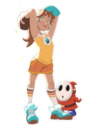 Rule 34 | 1boy, 1girl, alternate costume, arms up, bare arms, baseball glove, blue eyes, breasts, brown hair, earrings, flower earrings, full body, grin, hat, hood, jewelry, looking at viewer, mario (series), mario superstar baseball, mask, nintendo, ponytail, princess daisy, shorts, shy guy, small breasts, smile, super mario bros. 2, tomboy