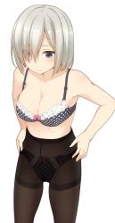 Rule 34 | 10s, 1girl, bare shoulders, black pantyhose, blue eyes, blush, bow, bow bra, bow panties, bra, breasts, cleavage, collarbone, crotch seam, hair ornament, hair over one eye, hairclip, hamakaze (kancolle), hands on own hips, kantai collection, lingerie, looking down, looking to the side, medium breasts, nagami yuu, panties, pantyhose, pink bow, polka dot, polka dot bra, polka dot panties, short hair, silver hair, simple background, smile, solo, standing, thighband pantyhose, underwear, white background