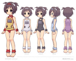 Rule 34 | 1girl, :o, alternate color, anklet, ass, barefoot, black one-piece swimsuit, blue eyes, blush, bob cut, brown hair, character sheet, child, choker, emoncake., feet, flat chest, from behind, full body, game boy, game boy-tan, game boy (original), game boy micro, game boy micro-tan, gameboymicrotan, grey hair, hairband, handheld game console, jewelry, lowres, multiple views, nintendo, one-piece swimsuit, open mouth, personification, product girl, profile, purple one-piece swimsuit, purple school swimsuit, school swimsuit, short hair, short twintails, simple background, standing, swimsuit, thigh gap, turnaround, twintails, variations, white one-piece swimsuit, white school swimsuit, wristband, yellow one-piece swimsuit
