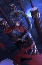 Rule 34 | 1girl, arm up, black skirt, blue hair, blurry, blurry foreground, butterfly sitting, commentary request, cup, fall (5754478), from above, full moon, hair ornament, highres, holding, holding cup, layered sleeves, leaf, leaf hair ornament, long sleeves, looking at viewer, maple leaf, mirror, moon, night, night sky, onbashira, outdoors, puffy short sleeves, puffy sleeves, red eyes, red shirt, rope, rope belt, sakazuki, shide, shimenawa, shirt, short hair, short sleeves, sitting, skirt, sky, smile, solo, star (sky), starry sky, touhou, white sleeves, yasaka kanako