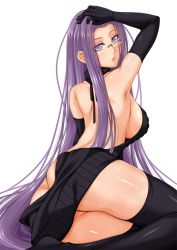 Rule 34 | 1girl, arm up, ass, backless dress, backless outfit, bad id, bad pixiv id, bare back, black gloves, black thighhighs, breasts, butt crack, chiro, dress, elbow gloves, fate/stay night, fate (series), glasses, gloves, halterneck, long hair, looking at viewer, looking back, medium breasts, medusa (fate), medusa (rider) (fate), meme attire, naked sweater, purple hair, sideboob, solo, square pupils, sweater, sweater dress, thighhighs, turtleneck, turtleneck sweater, very long hair, virgin killer sweater