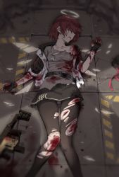 Rule 34 | 1girl, angel, arknights, bad id, bad pixiv id, blood, blood on clothes, blood on face, commentary request, defeat, dog tags, energy wings, exusiai (arknights), feet out of frame, female focus, gun, halo, highres, injury, kataokasan, lying, on back, on ground, short hair, solo, submachine gun, torn clothes, torn legwear, weapon