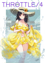 Rule 34 | 1girl, bare shoulders, black hair, breasts, brown hat, closed mouth, clothes lift, collarbone, commentary request, dated, dress, dress lift, earrings, feet out of frame, flower, frilled shorts, frills, hat, hat flower, highres, jewelry, large breasts, lifted by self, long hair, looking at viewer, navel, original, red eyes, sanbasou, short shorts, shorts, shorts under dress, signature, smile, solo, standing, strapless, strapless dress, straw hat, sunflower, wading, water, yellow dress, yellow flower, yellow shorts