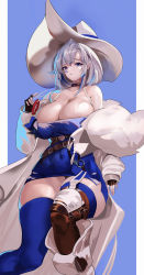 Rule 34 | 1girl, absurdres, alchemy stars, ankh man, azure (alchemy stars), bare shoulders, belt, black choker, black gloves, blue dress, blue eyes, blue hair, blue thighhighs, breasts, choker, cleavage, coat, commentary request, covered navel, dress, facial mark, feet out of frame, gloves, grey hair, highres, large breasts, long sleeves, looking at viewer, multicolored hair, off shoulder, open clothes, open coat, pencil dress, short dress, short hair, solo, streaked hair, thighhighs, thighs, white coat, white headwear