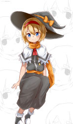 Rule 34 | 1girl, alice margatroid, ascot, black dress, black footwear, black headwear, blonde hair, blue eyes, blush, bow, capelet, closed mouth, commentary request, cookie (touhou), dress, full body, hair between eyes, hairband, hat, hat bow, highres, looking at viewer, orange bow, orange sash, orange scarf, red ascot, red hairband, scarf, shoes, short hair, smile, socks, soga alice, solo, touhou, translation request, white background, white capelet, white footwear, white socks, witch hat, yumekamaborosh