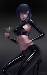 Rule 34 | 1girl, armpits, black hair, breasts, crop top, dark background, genshin impact, gradient background, highres, kujou sara, large breasts, latex, latex pants, looking at viewer, m alexa, navel piercing, open mouth, pants, piercing, pulling clothes, shiny clothes, short hair, shrug (clothing), sideboob, sitting, solo, tight clothes, tight pants, yellow eyes