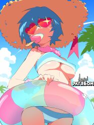 Rule 34 | 1girl, absurdres, aetherion, bikini, blue hair, breasts, covered erect nipples, cowboy shot, food, hat, heart, heart-shaped eyewear, highres, innertube, large breasts, looking at viewer, mouth hold, original, outdoors, popsicle, short hair, solo, striped bikini, striped clothes, sun hat, sunglasses, swim ring, swimsuit